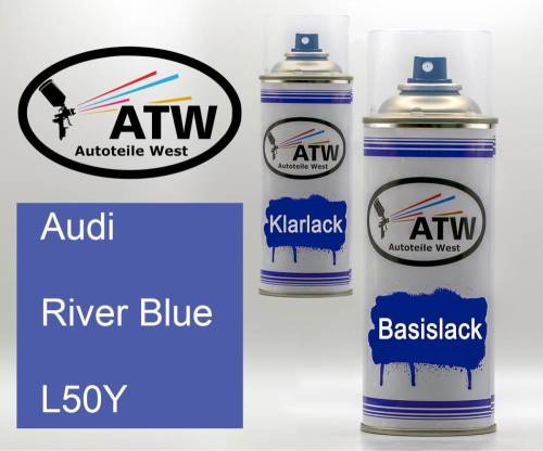 Audi, River Blue, L50Y: 400ml Sprühdose + 400ml Klarlack - Set, von ATW Autoteile West.